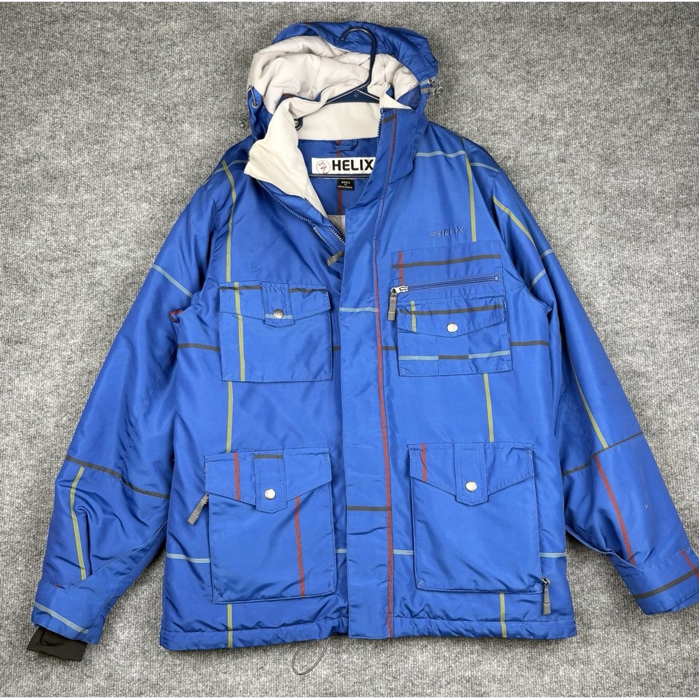 Y2K Helix Snowboard Jacket Mens M Blue Insulated Ski Cargo Hooded Snow Coat
